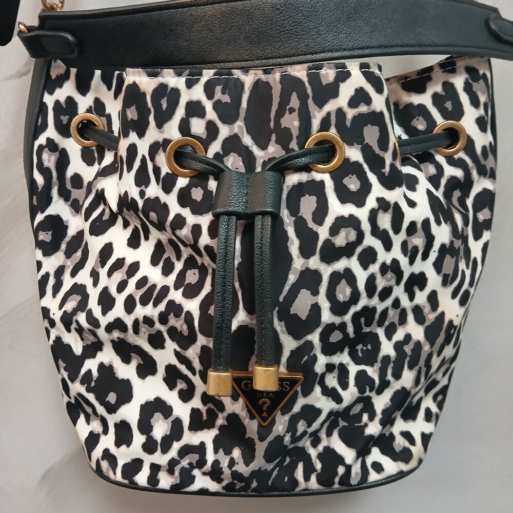 Guess Black and White Leopard Print Hobo Bag